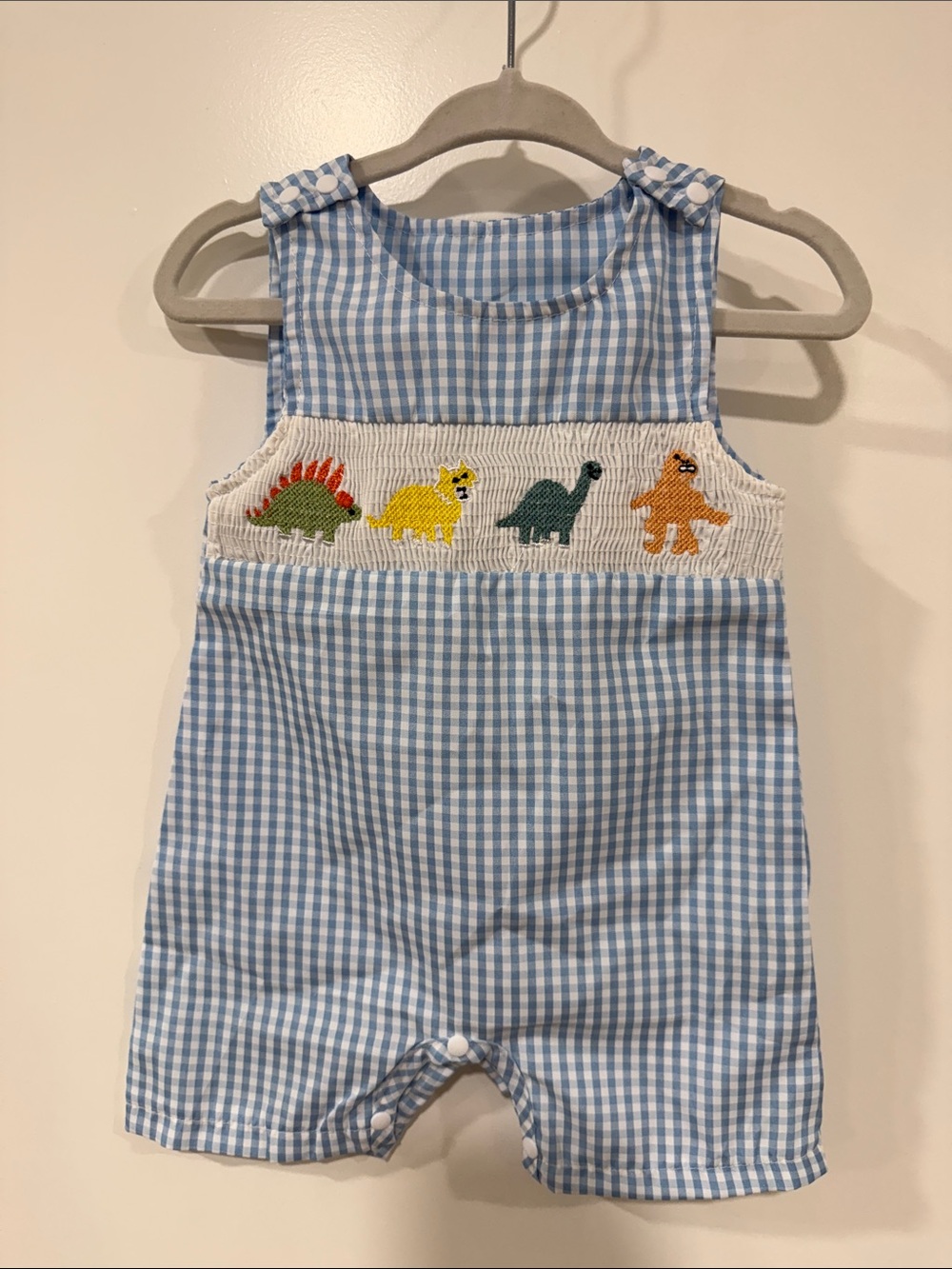 Blue Gingham Dino Smocked Baby Romper 0-3M